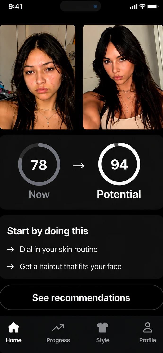 The GLO home screen, showing a before and after photo pair, a current score of 78 next to a potential score of 94, and the first two steps of the day's routine.